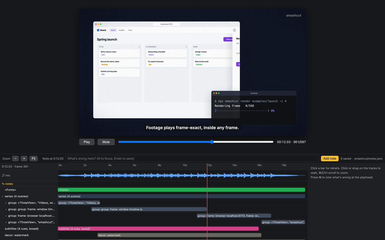 The smashcut preview: the video above a timeline with the soundtrack's waveform and a bar for every clip